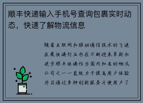 顺丰快递输入手机号查询包裹实时动态，快速了解物流信息