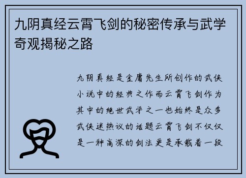 九阴真经云霄飞剑的秘密传承与武学奇观揭秘之路