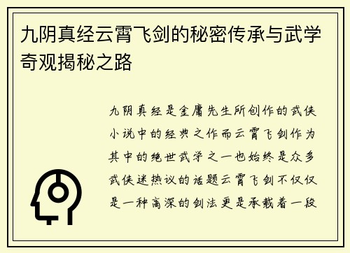 九阴真经云霄飞剑的秘密传承与武学奇观揭秘之路
